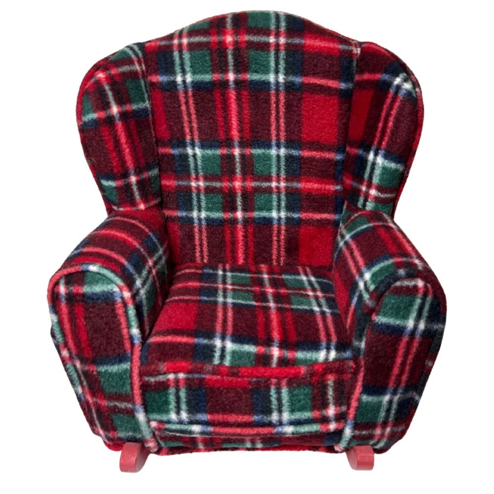 Doll Bear Rocking Chair Upholstered Red Plaid Tartan Wingback Wood Base 12" Tall